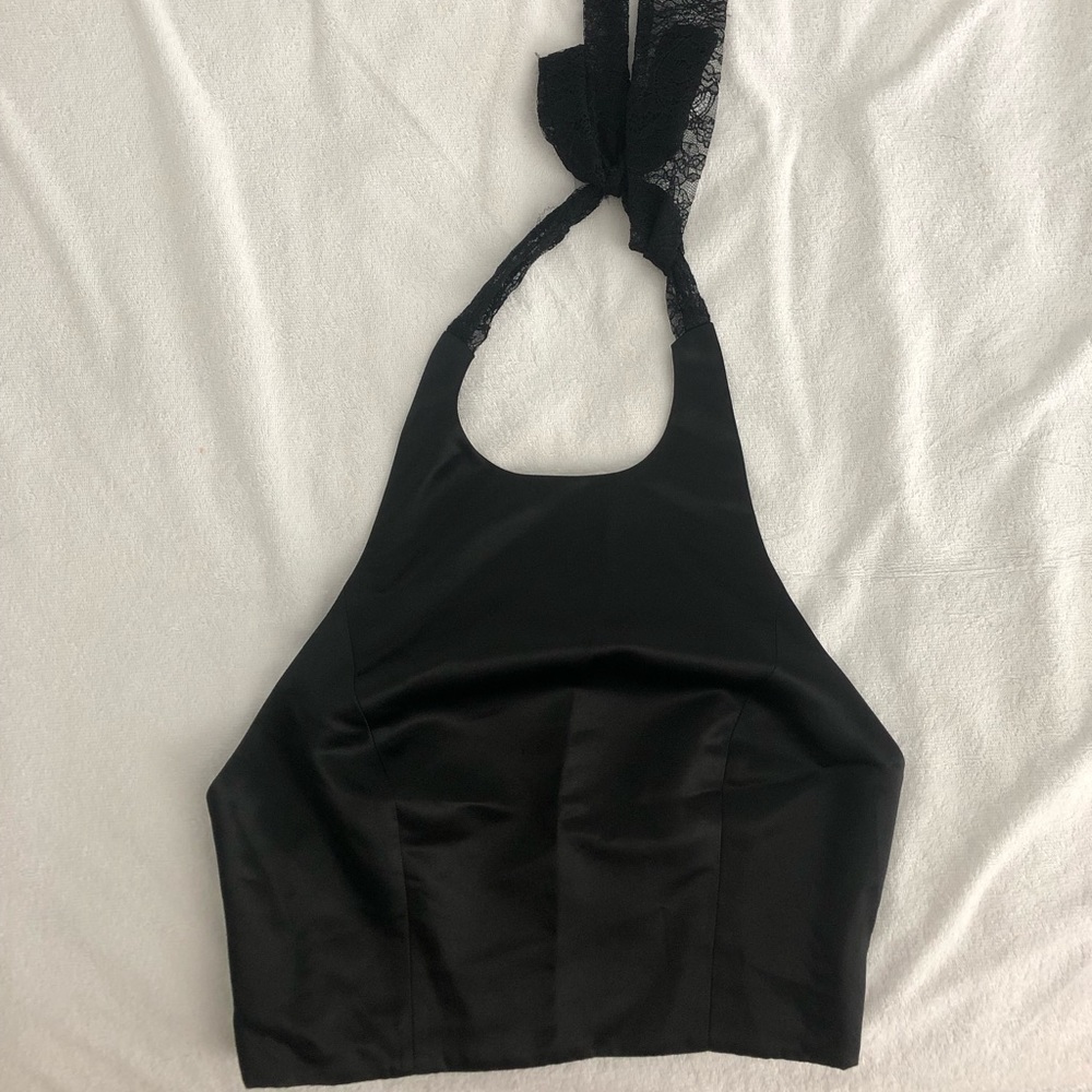 Alice + Olivia black halter top with lace tie